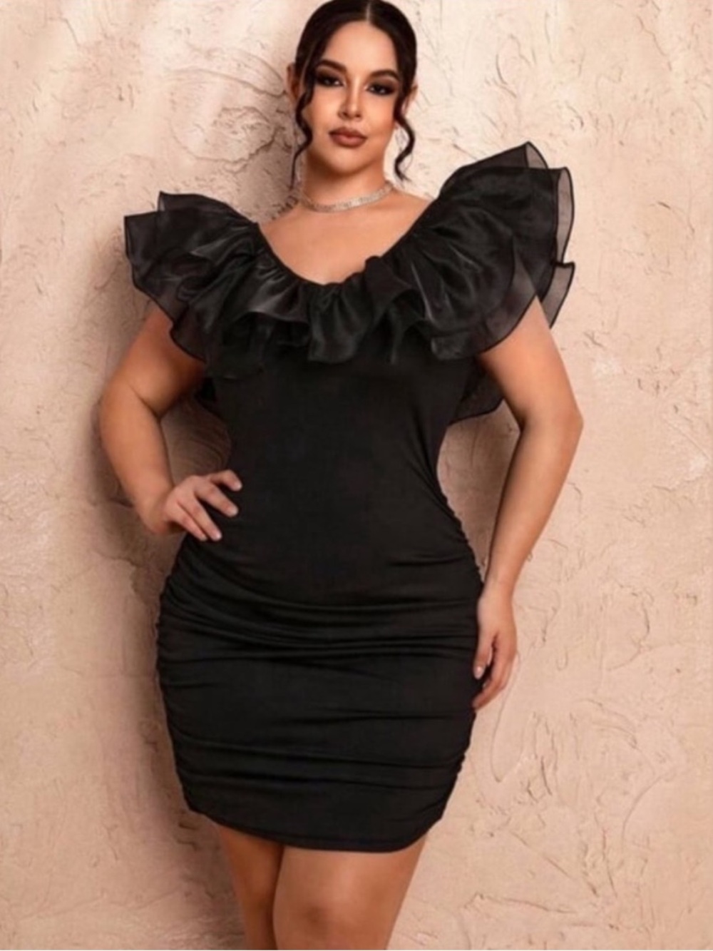 Black Ruffle Off-Shoulder Bodycon Dress - Picture 3 of 11